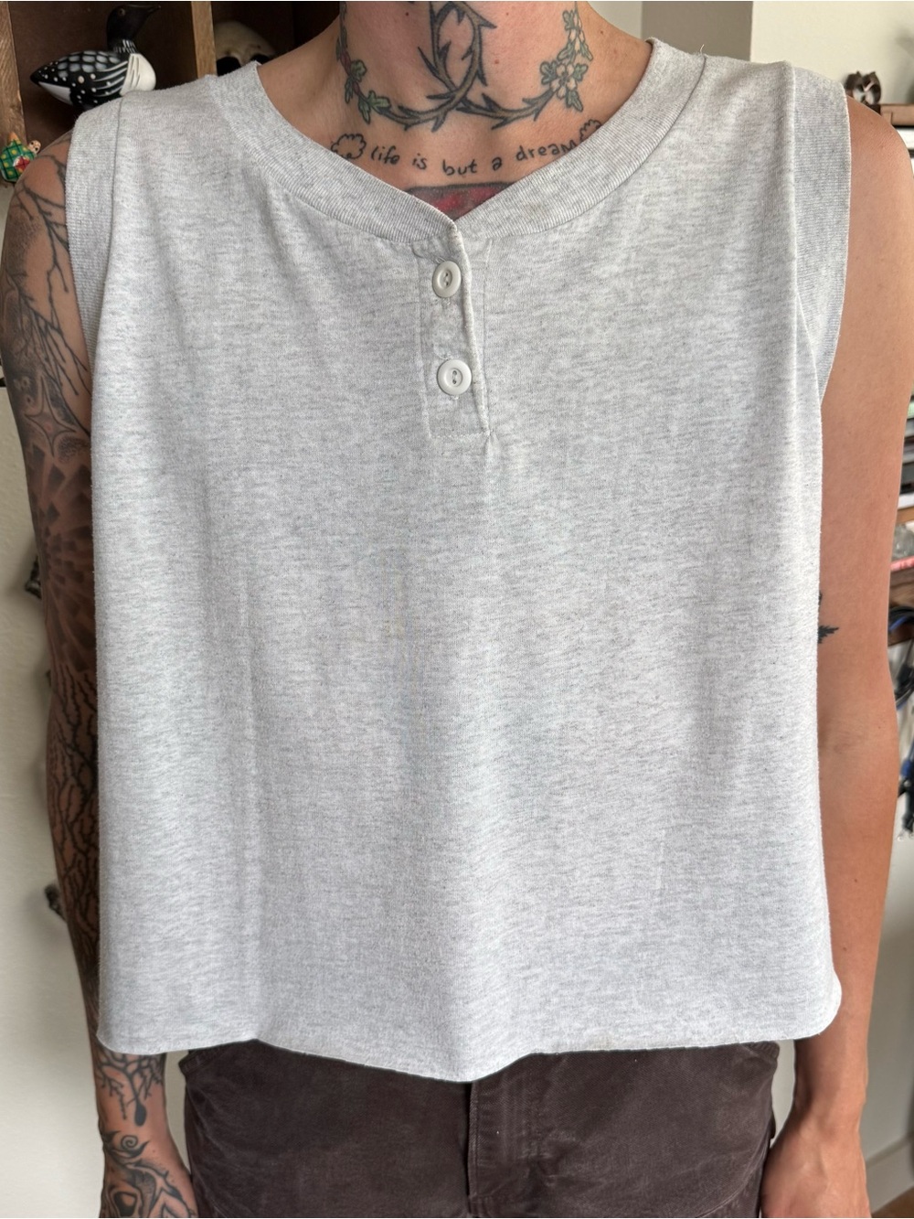 💀 SOLD 💀 Vintage 90s Cropped Heather Gray Henley Tank Top ~ Size Large